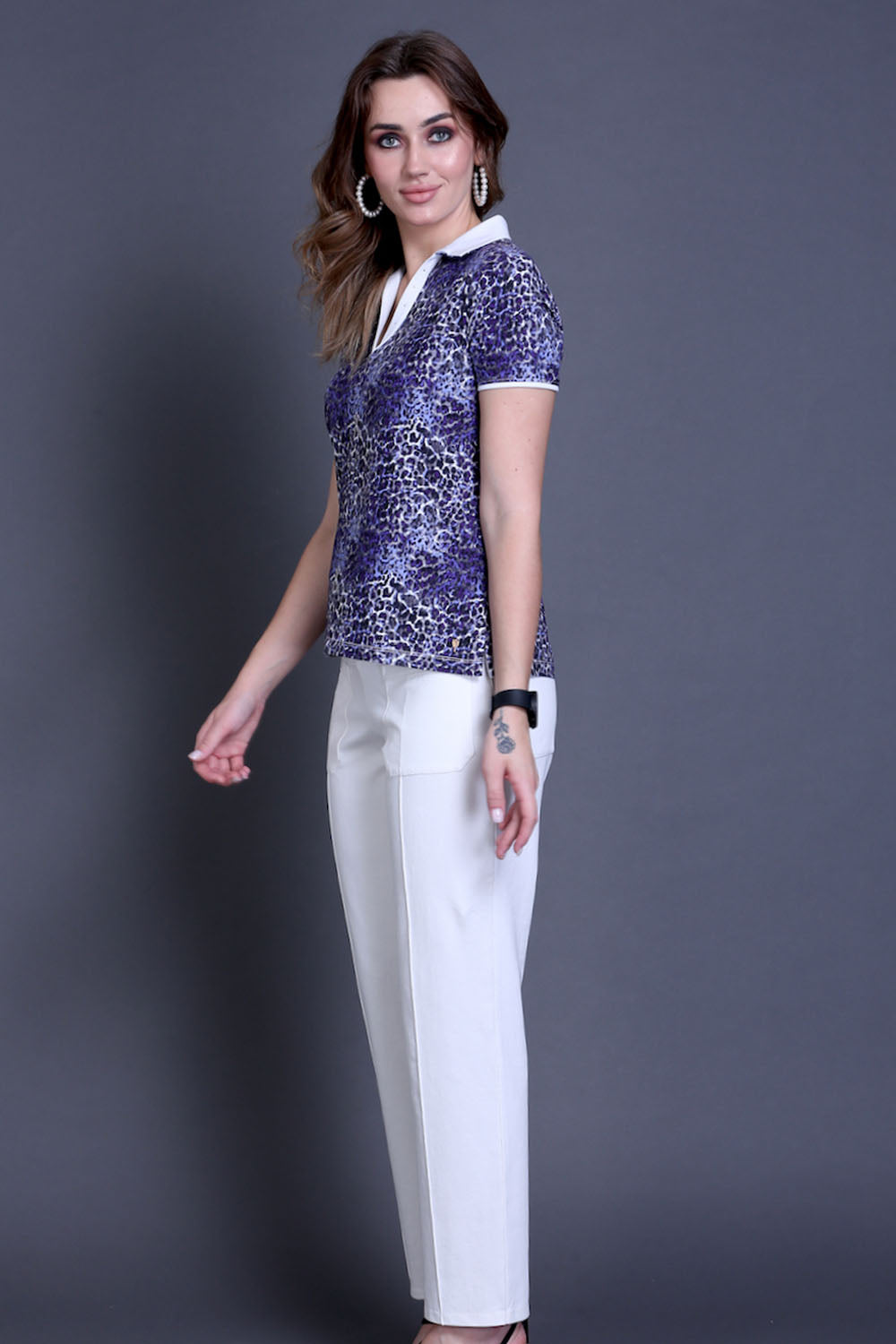 Purple Leopard Print Cotton T-Shirt with Swarovski Collar
