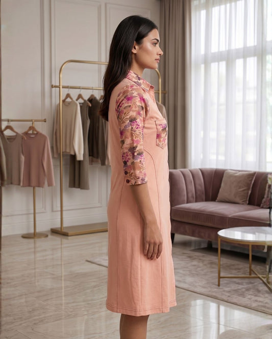 Peach Print Cotton Stretch Dress