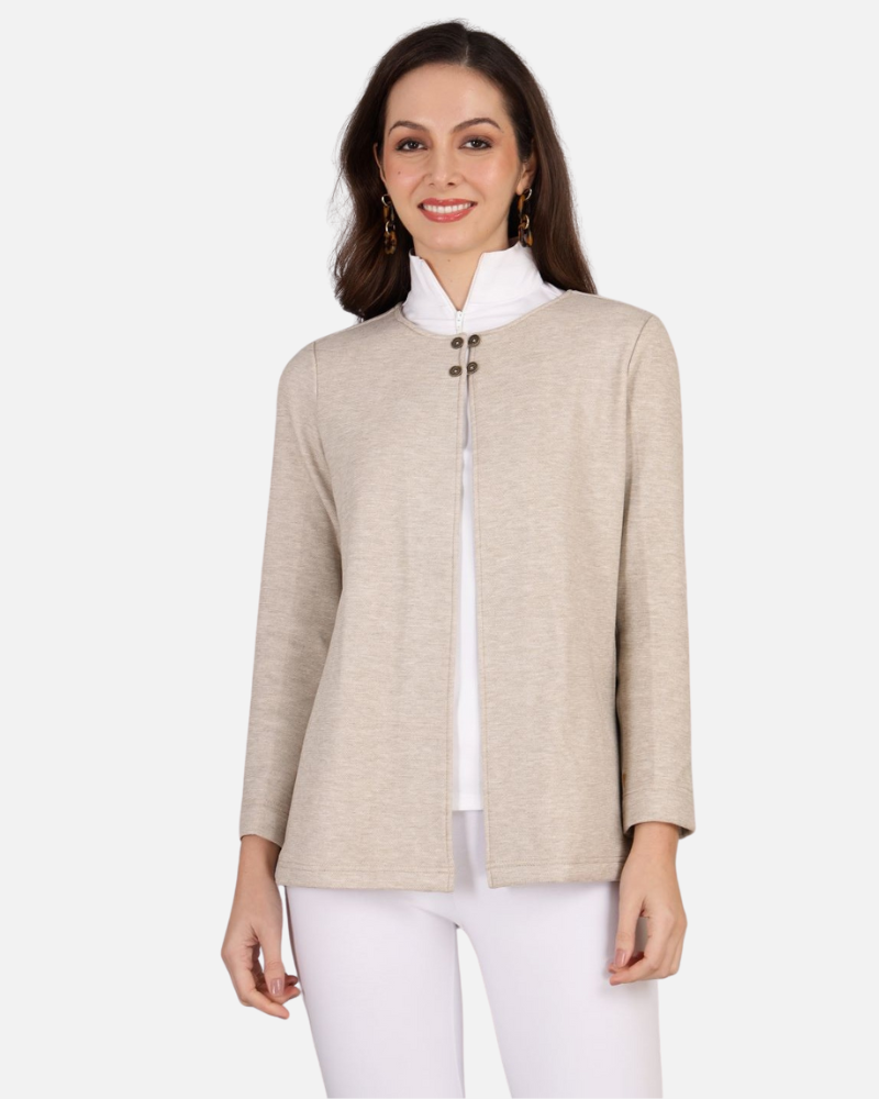 Beige Stretch Velvet Round Collar Open Jacket