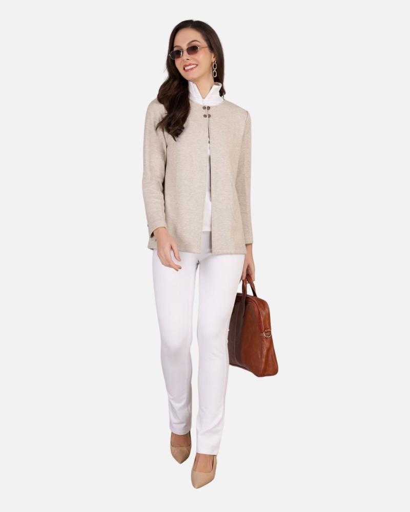 Beige Stretch Velvet Round Collar Open Jacket