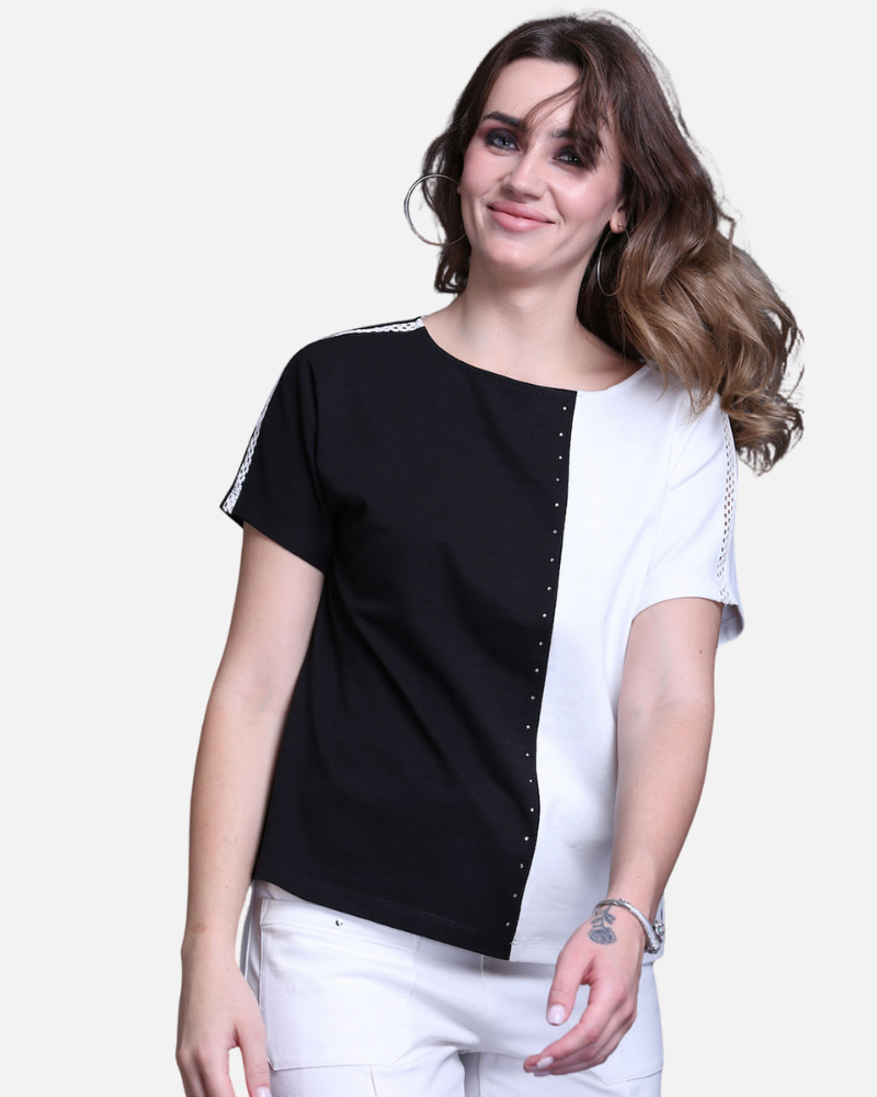Black & White Cotton Stretch Dolman Sleeve Top
