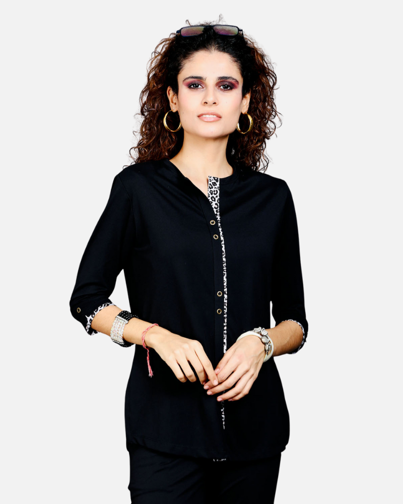 Black Long Top with Animal Print Highlights