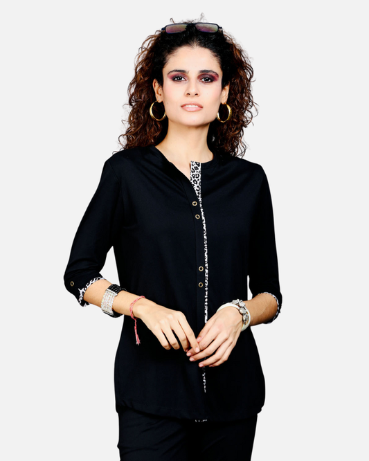 Black Long Top with Animal Print Highlights