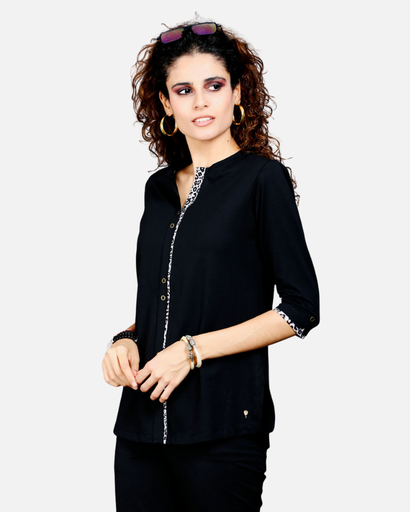 Black Long Top with Animal Print Highlights