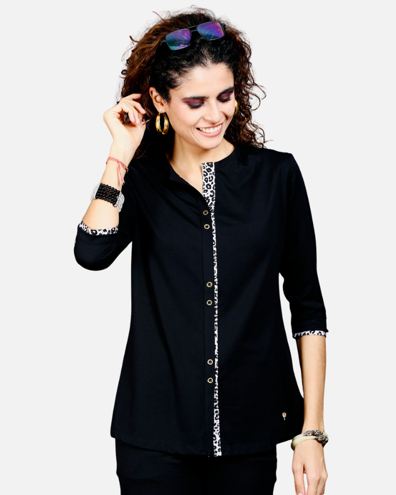 Black Long Top with Animal Print Highlights