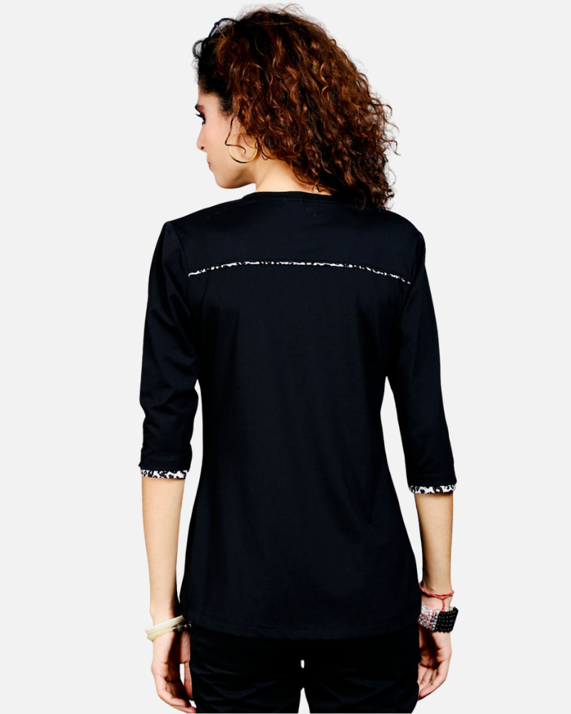 Black Long Top with Animal Print Highlights