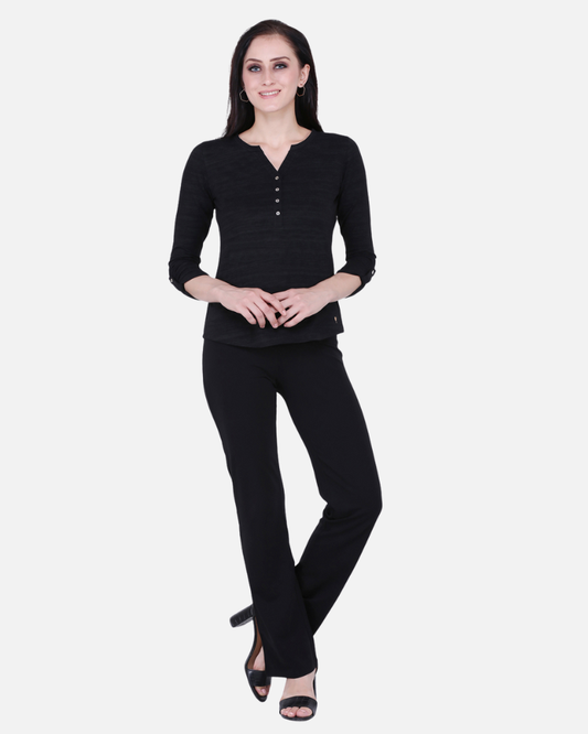 Black Texture V Neck Stretch Top