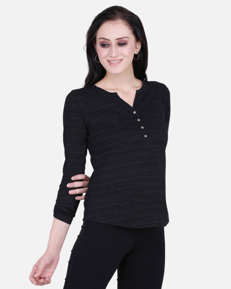 Black Texture V Neck Stretch Top