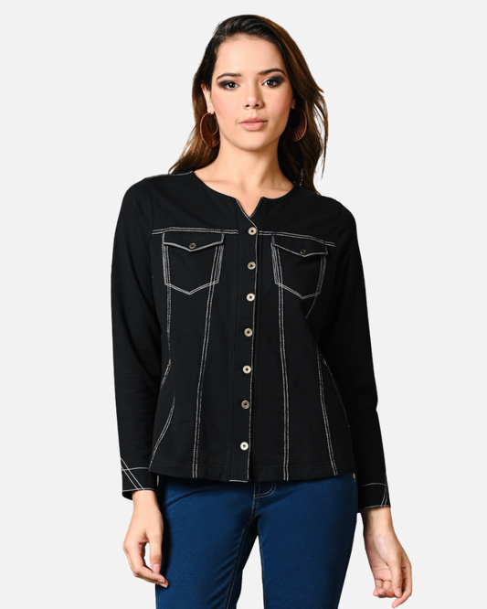 Black V Neck Cotton Stretch Jacket