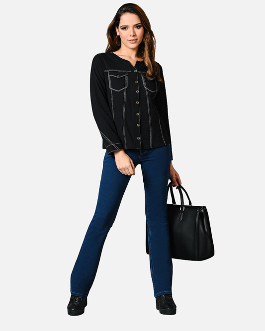 Black V Neck Cotton Stretch Jacket