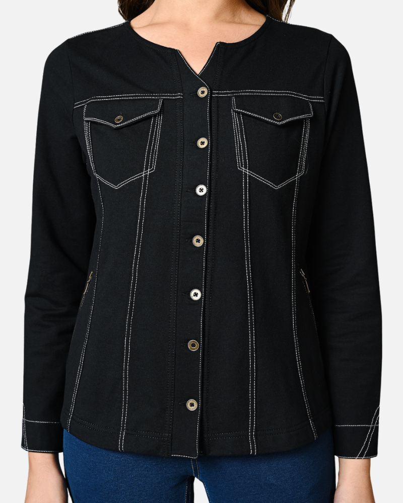 Black V Neck Cotton Stretch Jacket