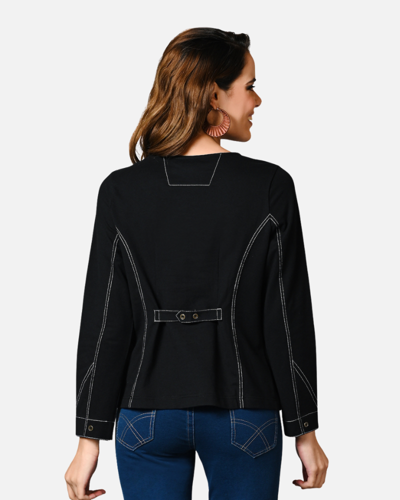 Black V Neck Cotton Stretch Jacket