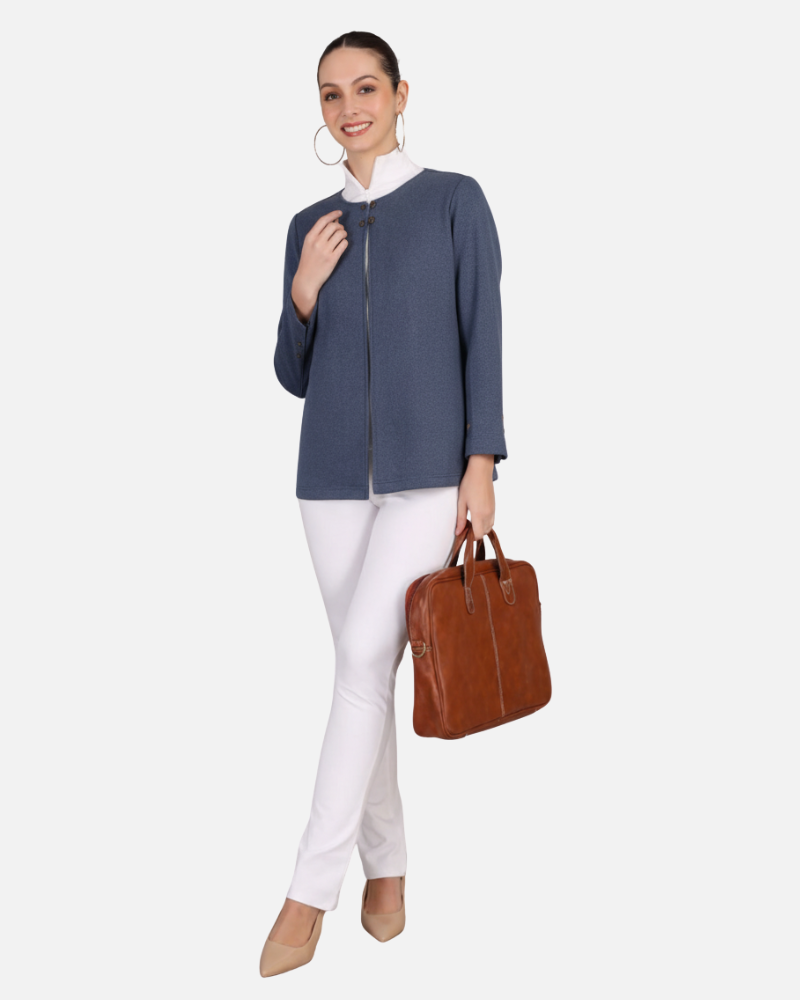 Blue Stretch Velvet Round Collar Open Jacket