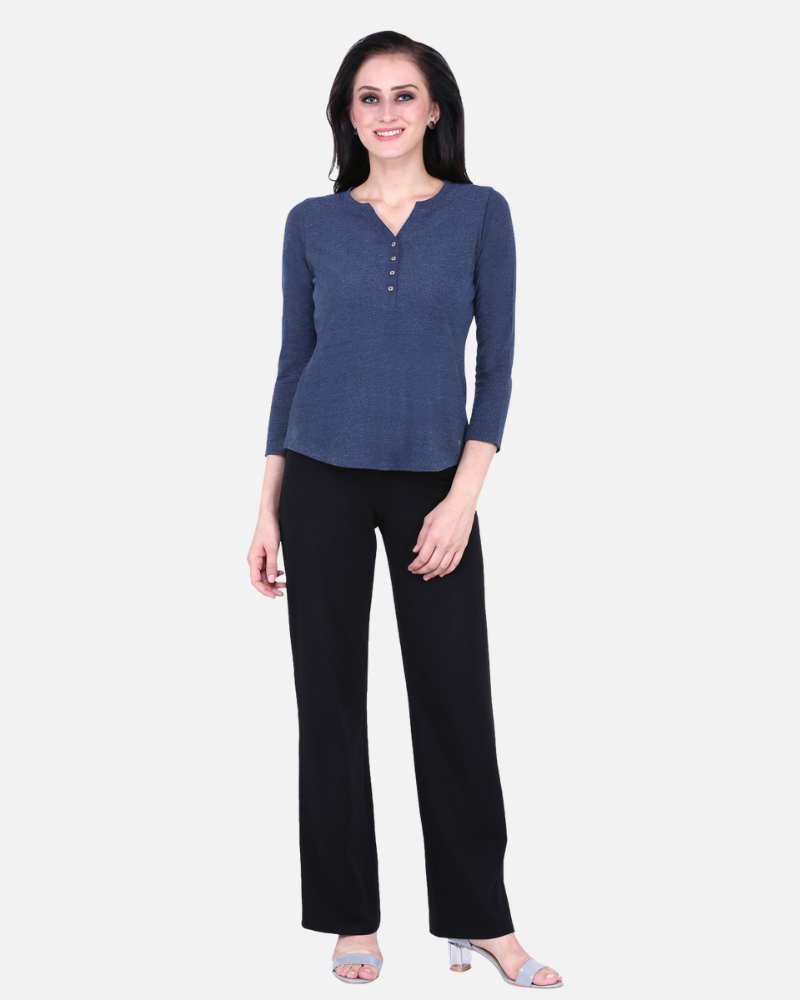 Blue Weave V Neck Stretch Top