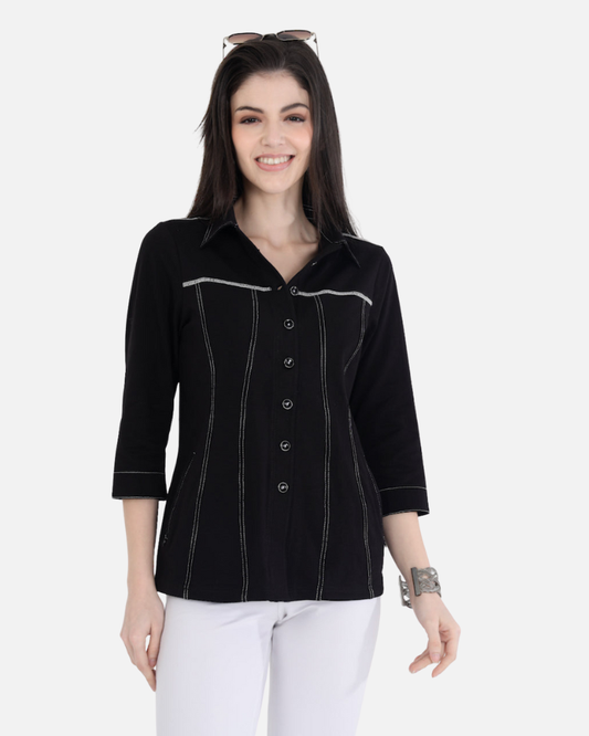 Classic Black Cotton Stretch Shirt Jacket