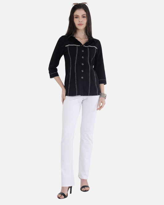 Classic Black Cotton Stretch Shirt Jacket