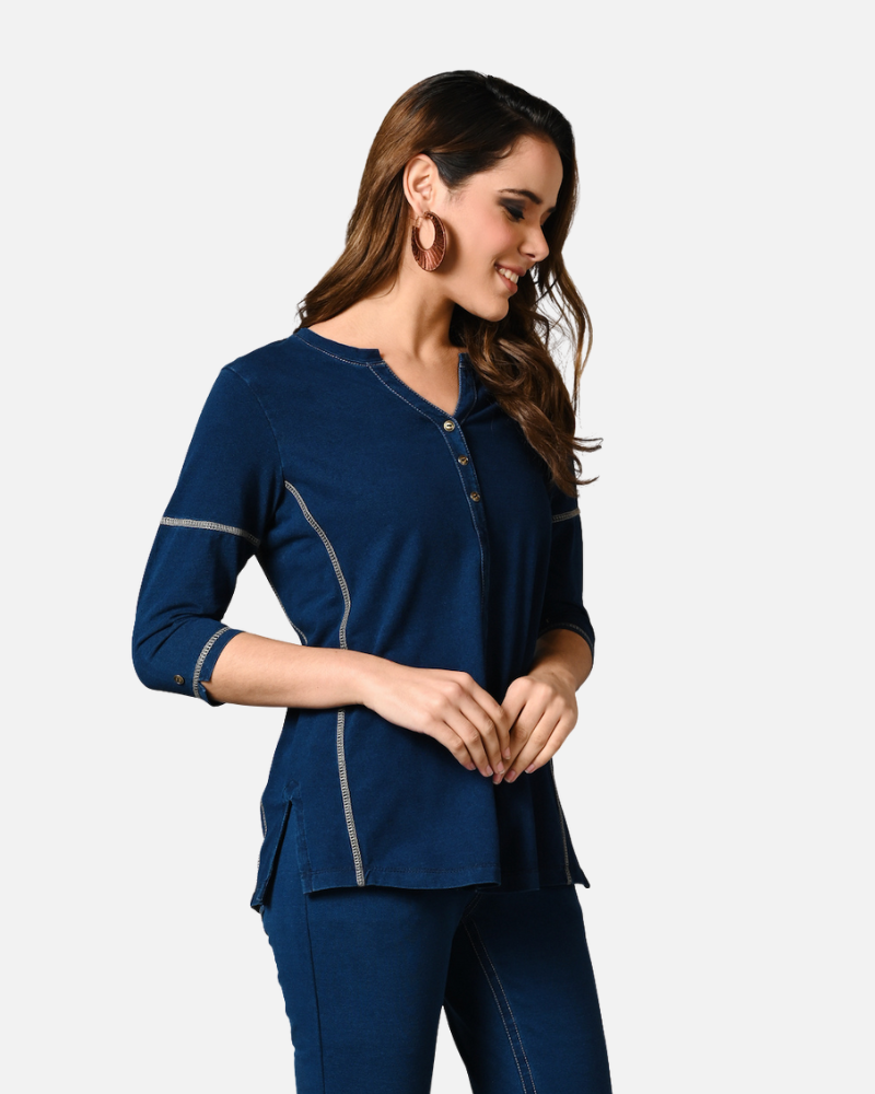 Denim Indigo Stretch Side Yoke Top