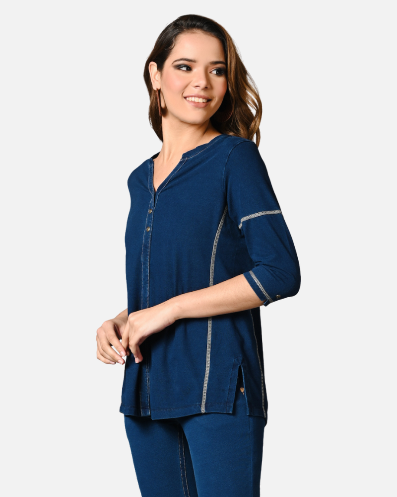 Denim Indigo Stretch Side Yoke Top