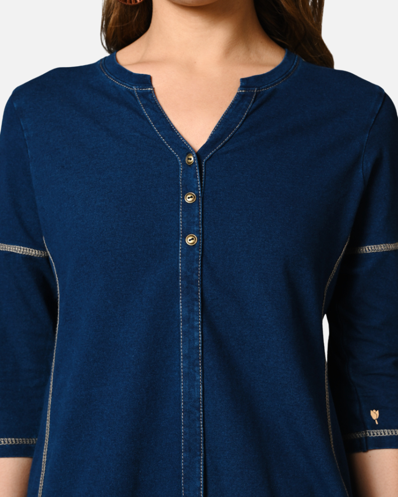 Denim Indigo Stretch Side Yoke Top