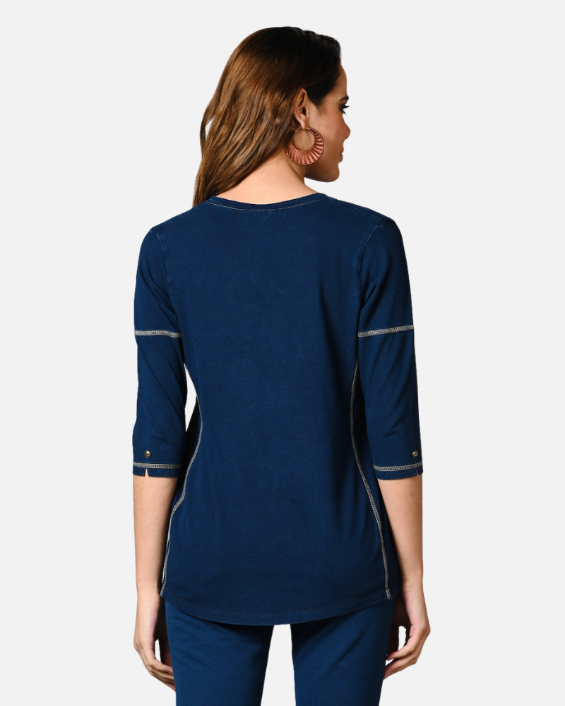 Denim Indigo Stretch Side Yoke Top