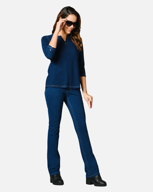 Denim Stretch Indigo V Neck Top