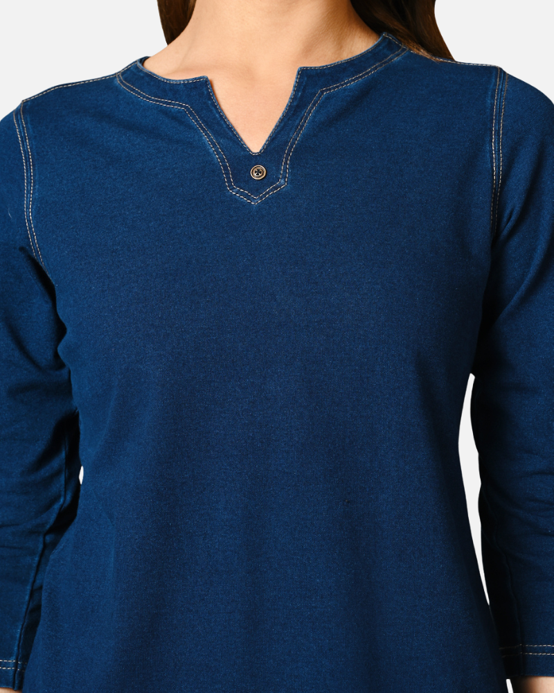 Denim Stretch Indigo V Neck Top