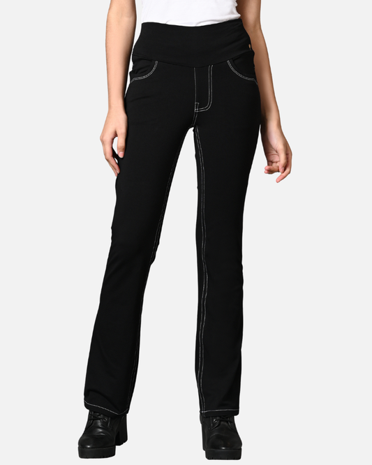 Double Stitch Solid Cotton Black Stretch Pants