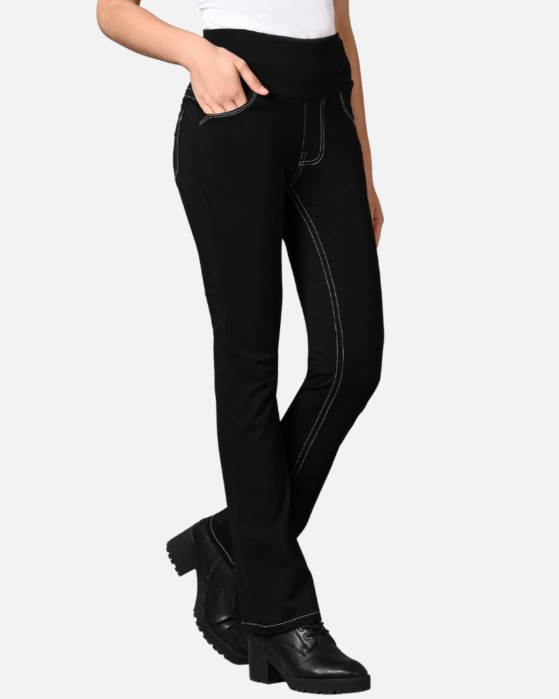 Double Stitch Solid Cotton Black Stretch Pants