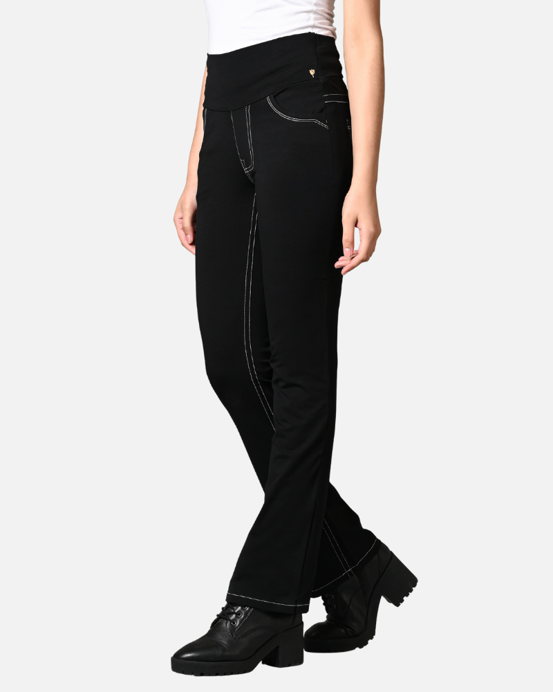 Double Stitch Solid Cotton Black Stretch Pants