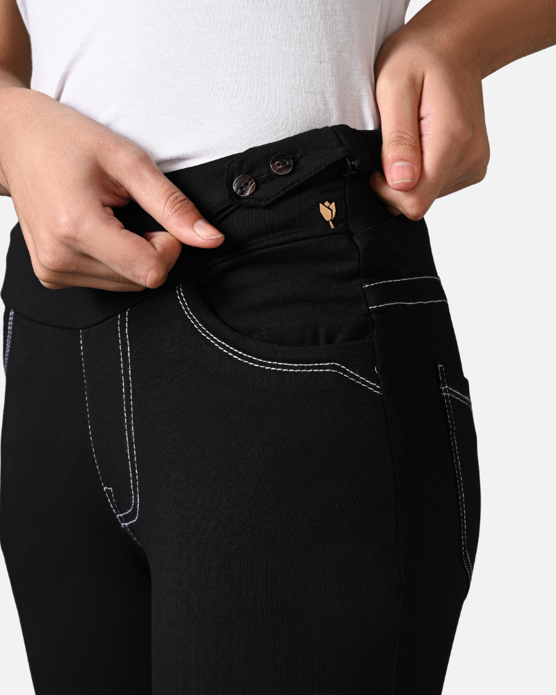 Double Stitch Solid Cotton Black Stretch Pants
