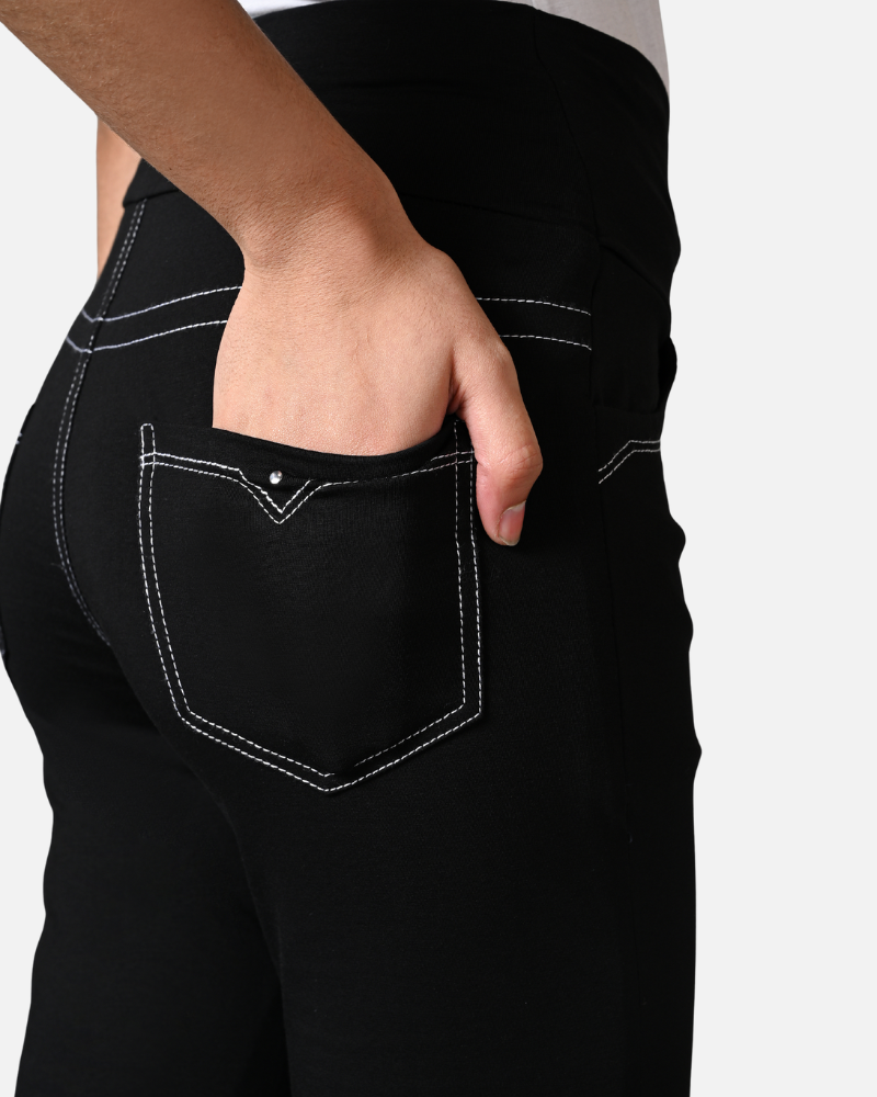 Double Stitch Solid Cotton Black Stretch Pants