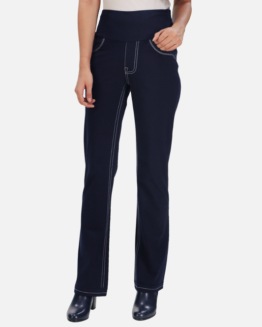 Double Stitch Solid Navy Cotton Stretch Pants