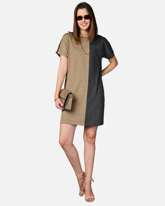 Fawn Grey Melange Stretch Round Neck Dress