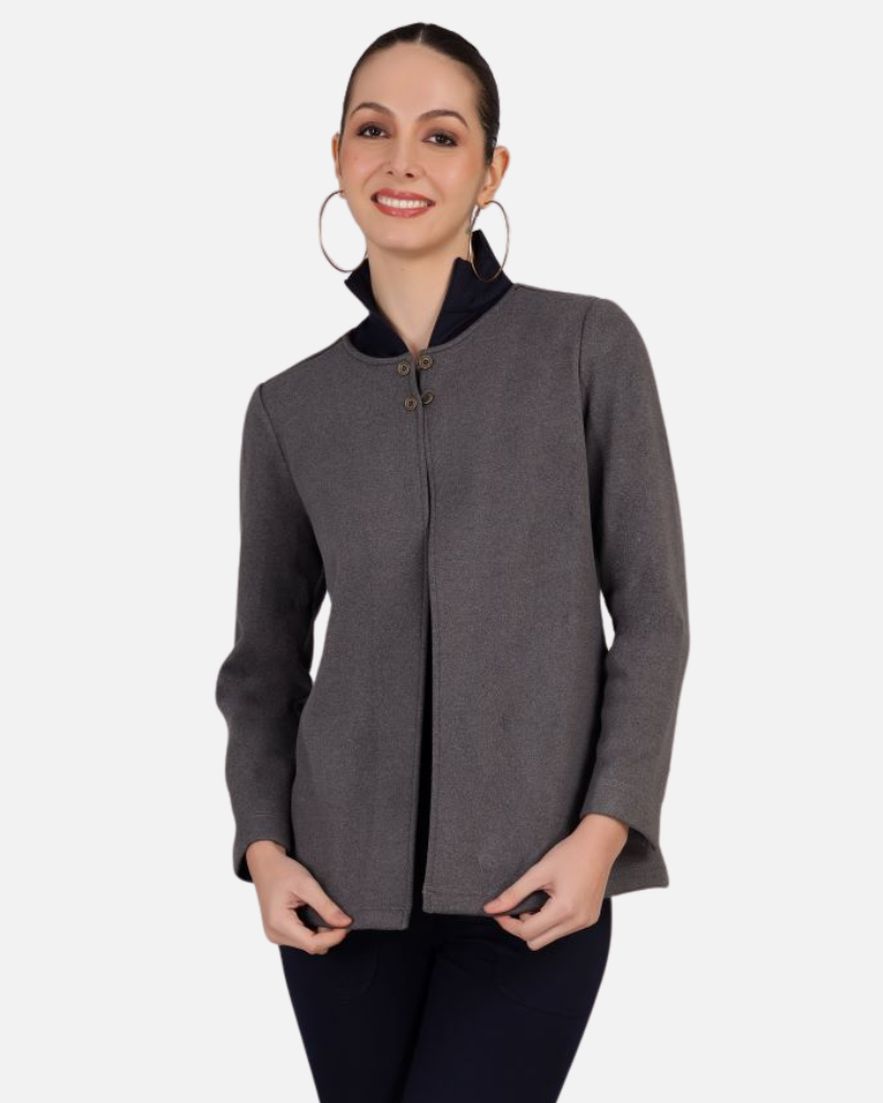 Grey Stretch Velvet Round Collar Open Jacket