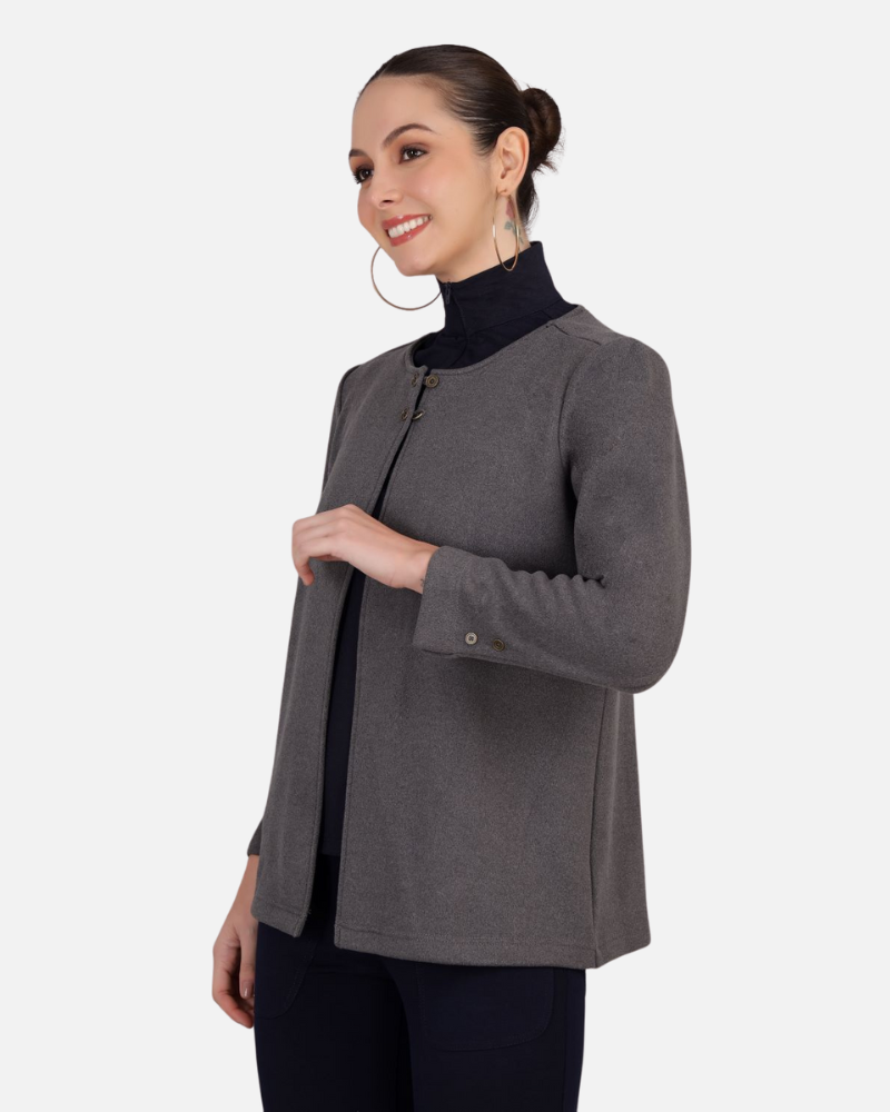 Grey Stretch Velvet Round Collar Open Jacket