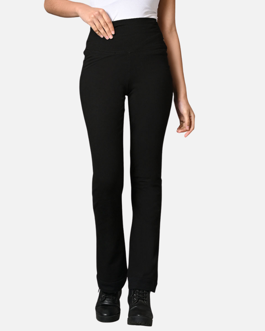 High Waist Black Cotton Stretch Flair Pants