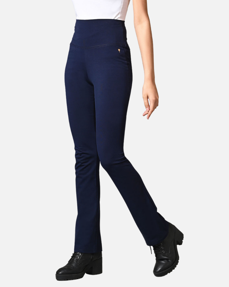 High Waist Navy Cotton Stretch Flair Pants