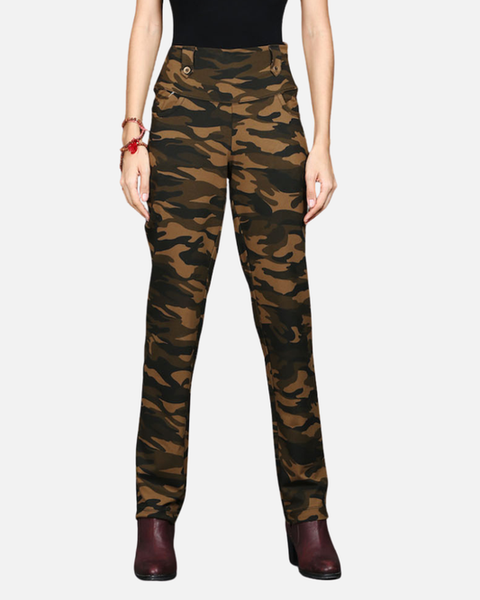 Khaki Stretch Camouflage Straight Fit Pants