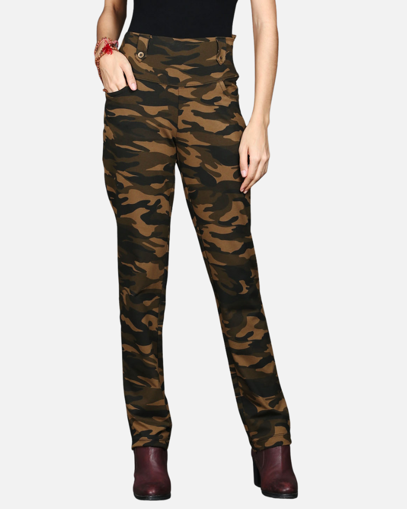 Khaki Stretch Camouflage Straight Fit Pants
