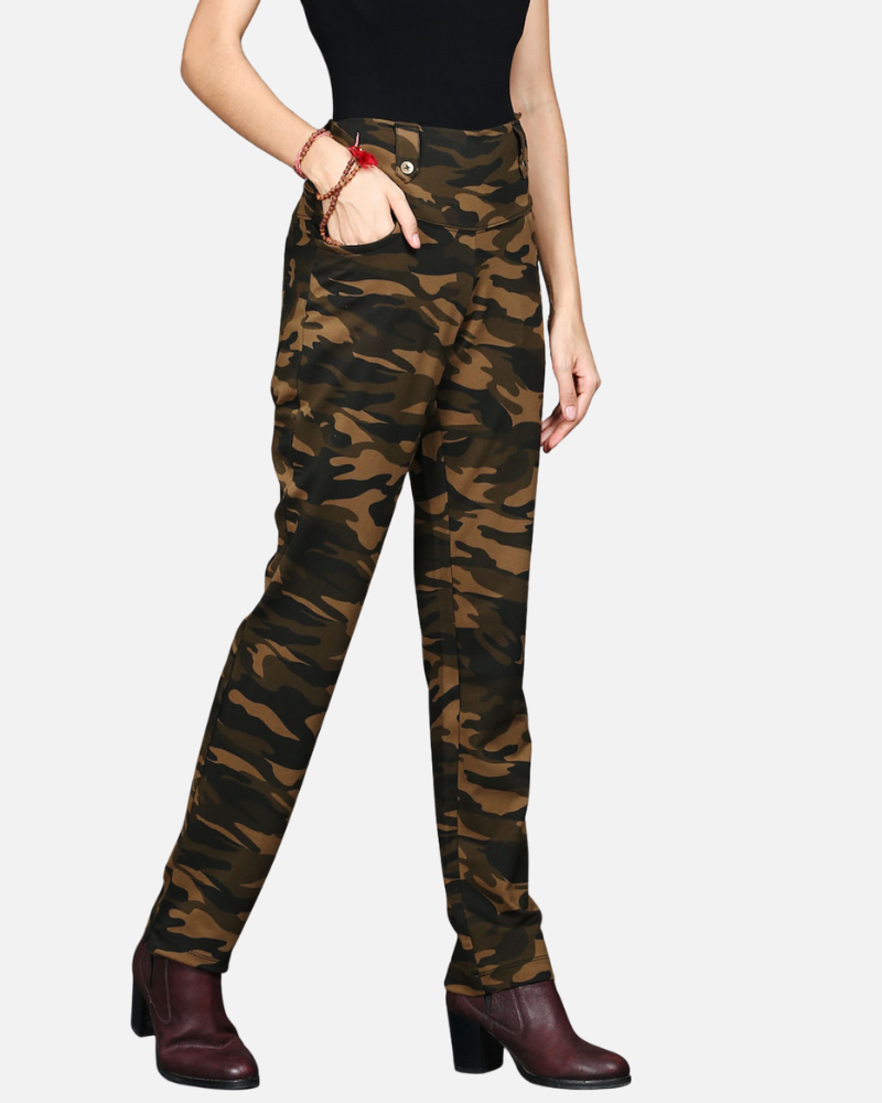 Khaki Stretch Camouflage Straight Fit Pants