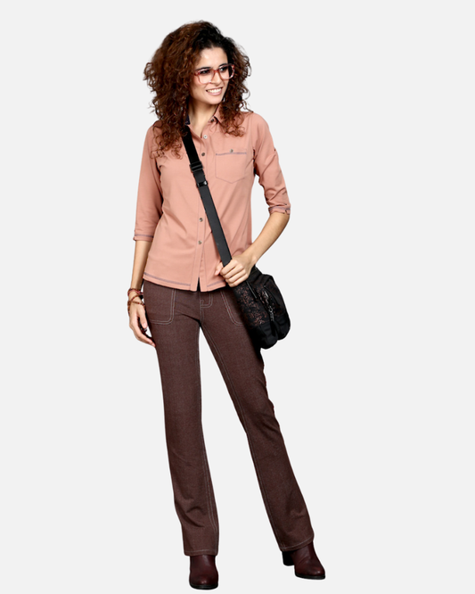 Light Brown Stretch Shirt with Grey Stitch & Front Pocket