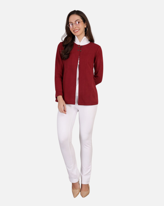Maroon Stretch Velvet Round Collar Open Jacket