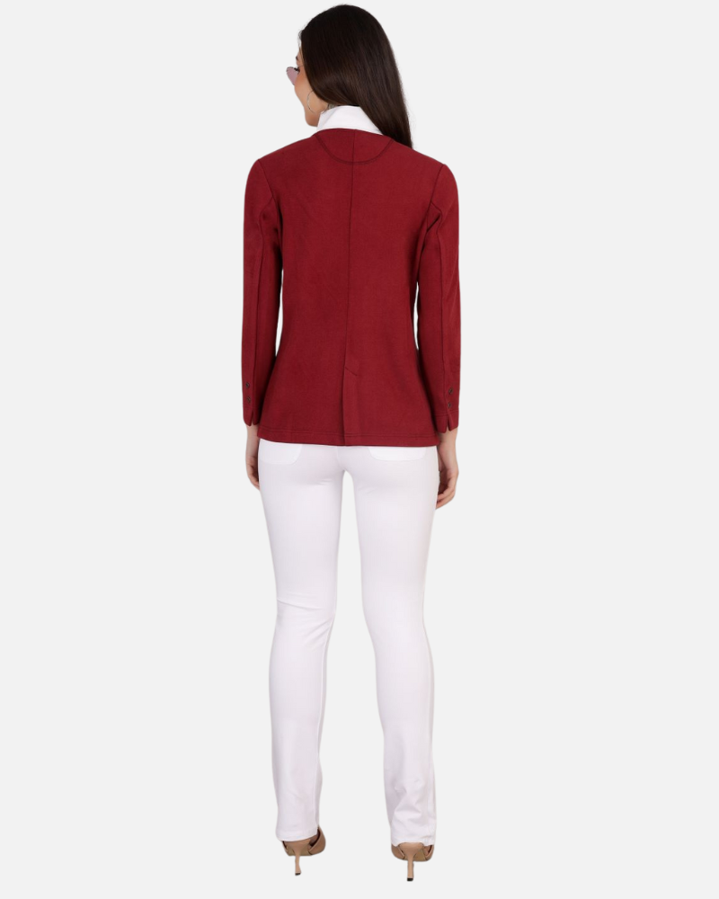 Maroon Stretch Velvet Round Collar Open Jacket