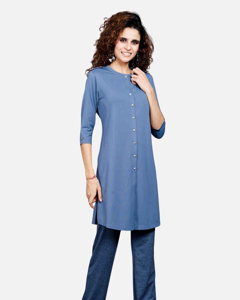Medium Blue Cotton Stretch Kurta Tunic