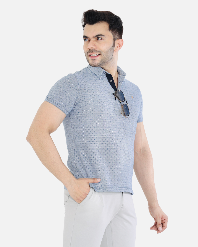 Men's Blue Jacquard Cotton T-Shirt