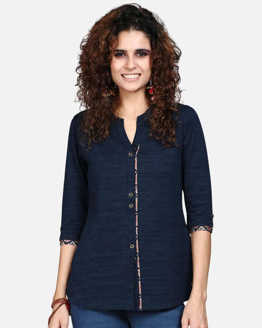 Navy Long Top with Animal Print Highlights