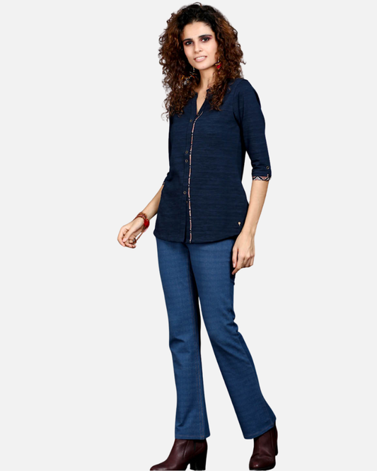 Navy Long Top with Animal Print Highlights