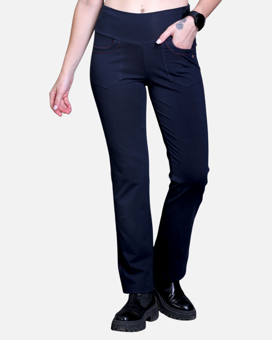 Navy Stretch Pants - Red Thread Detail & Bootleg Fit