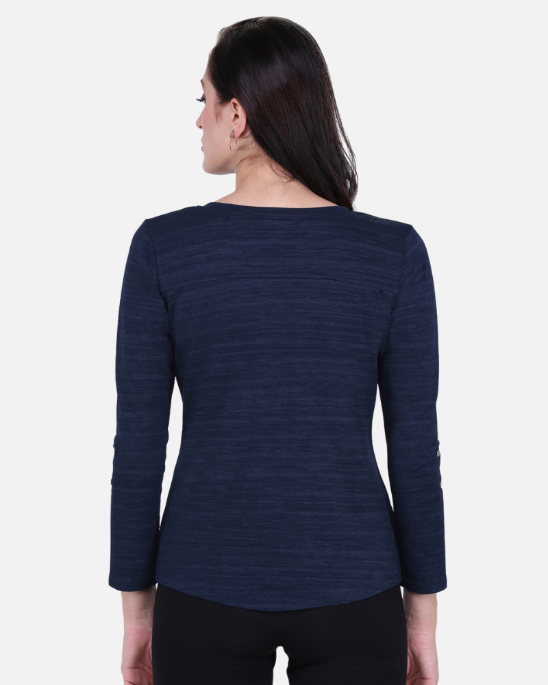 Navy Texture V Neck Stretch Top