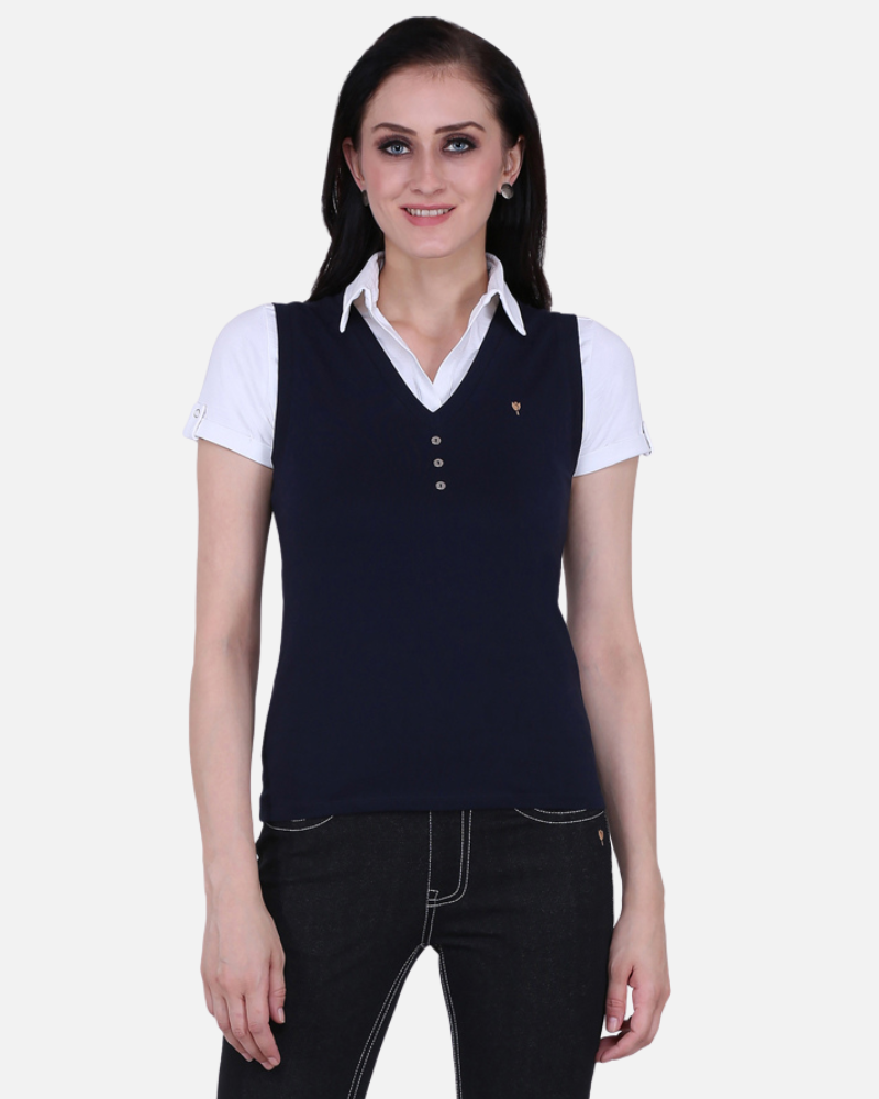 Navy V Neck Stretch Vest Coat Top